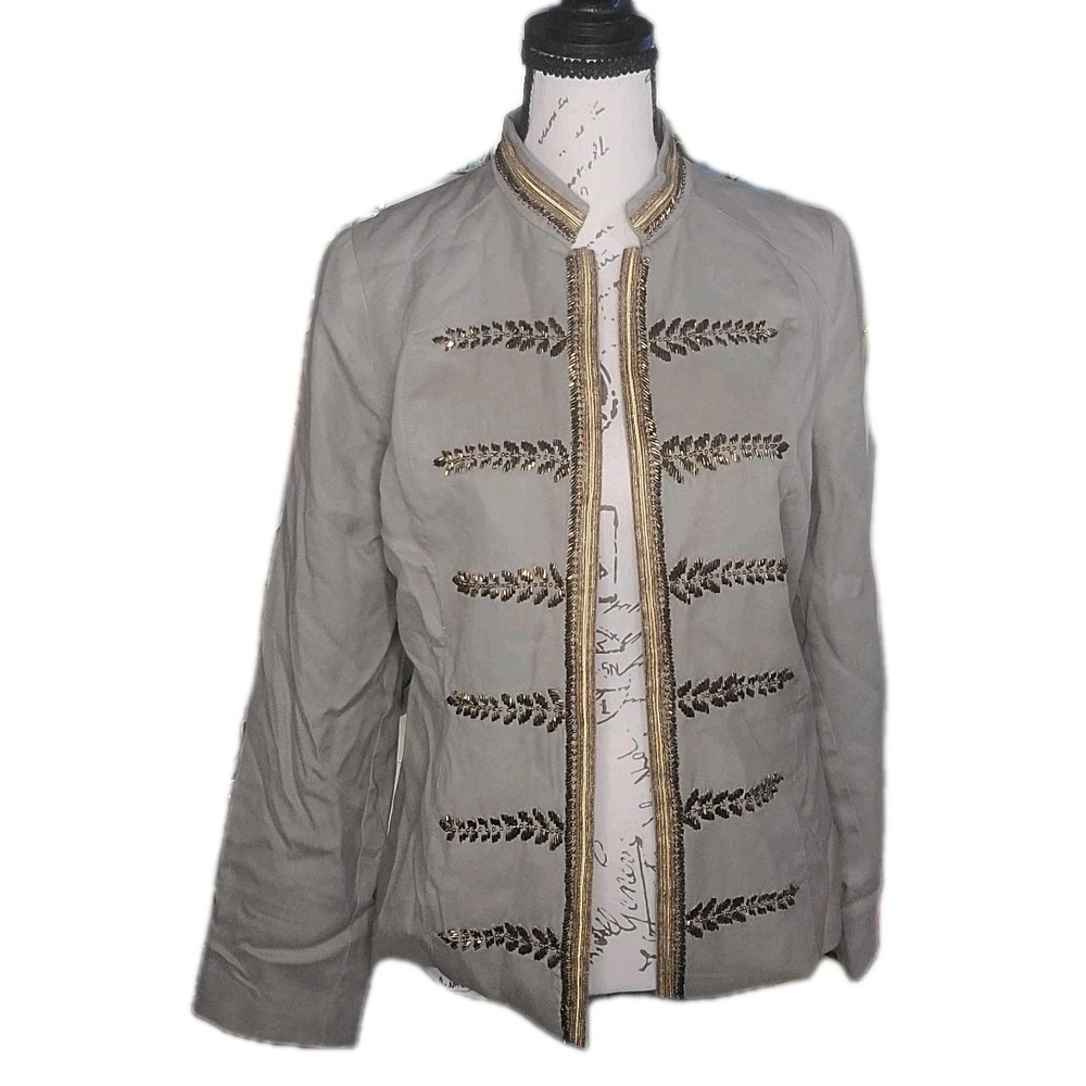 Chico's Beaded‎ Military Jacket 00 XS Beige Gold Embellished India Boho Festival